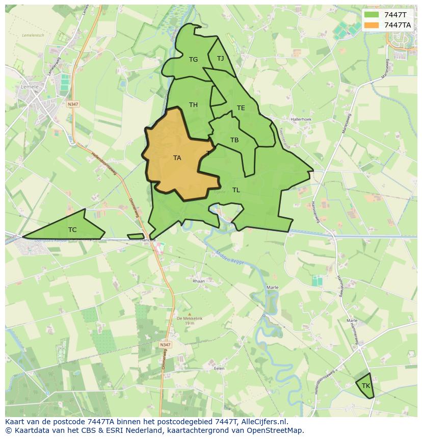 Afbeelding van het postcodegebied 7447 TA op de kaart.
