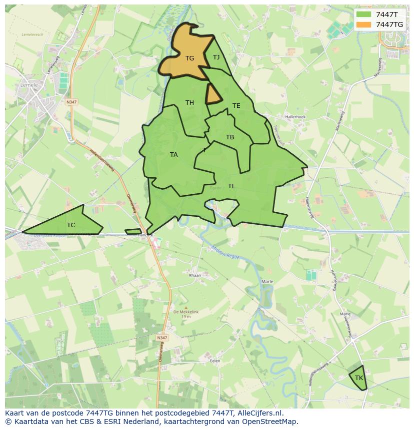 Afbeelding van het postcodegebied 7447 TG op de kaart.