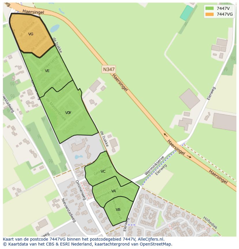 Afbeelding van het postcodegebied 7447 VG op de kaart.