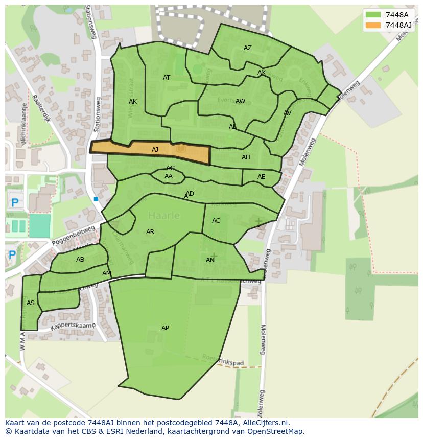 Afbeelding van het postcodegebied 7448 AJ op de kaart.