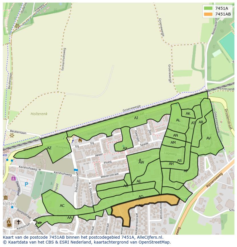 Afbeelding van het postcodegebied 7451 AB op de kaart.
