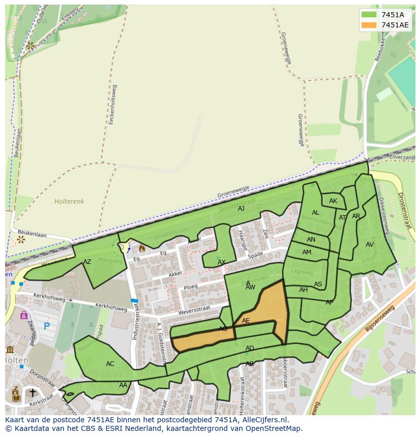Afbeelding van het postcodegebied 7451 AE op de kaart.
