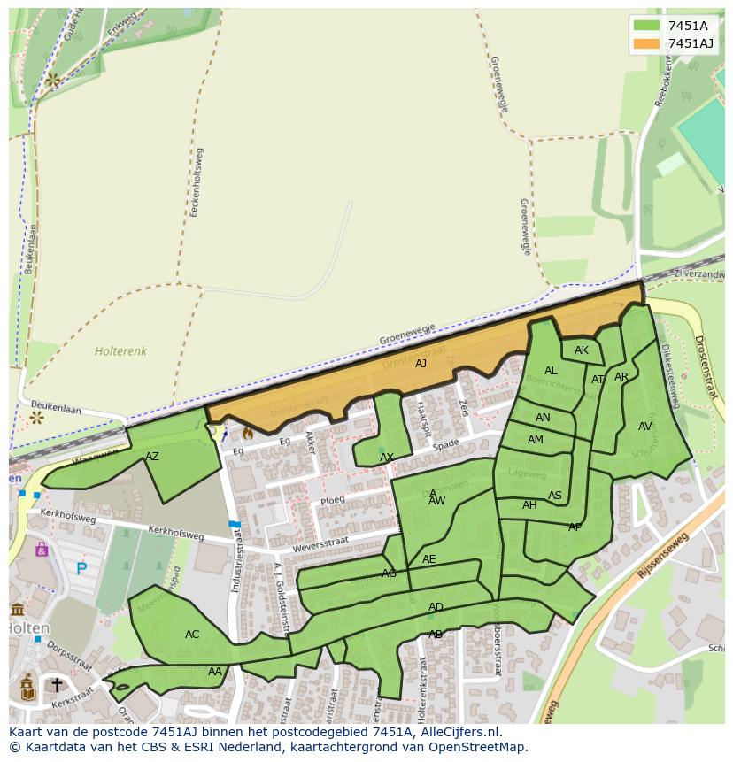 Afbeelding van het postcodegebied 7451 AJ op de kaart.