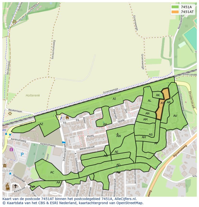 Afbeelding van het postcodegebied 7451 AT op de kaart.