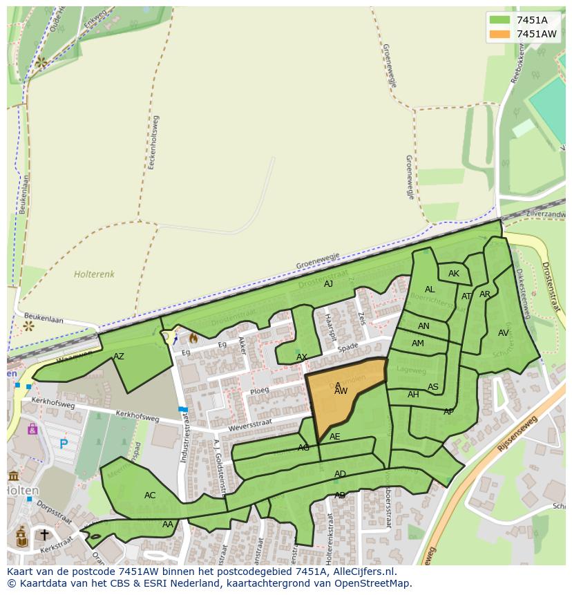 Afbeelding van het postcodegebied 7451 AW op de kaart.