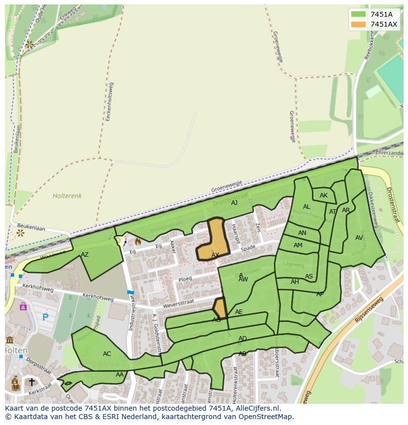 Afbeelding van het postcodegebied 7451 AX op de kaart.