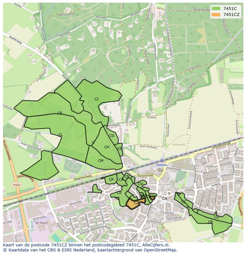 Afbeelding van het postcodegebied 7451 CZ op de kaart.