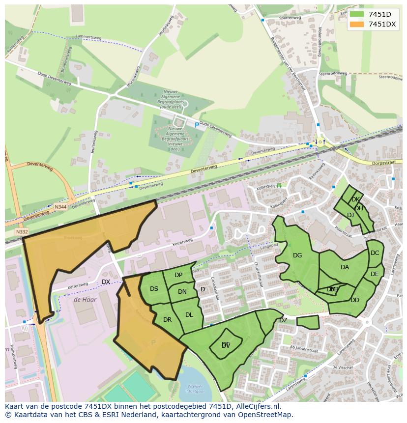 Afbeelding van het postcodegebied 7451 DX op de kaart.