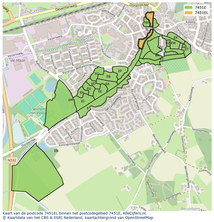 Afbeelding van het postcodegebied 7451 EL op de kaart.