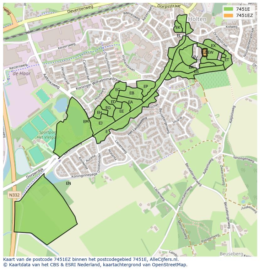 Afbeelding van het postcodegebied 7451 EZ op de kaart.