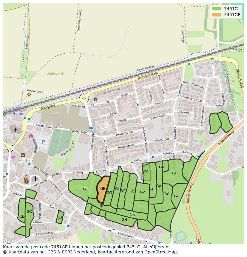 Afbeelding van het postcodegebied 7451 GE op de kaart.