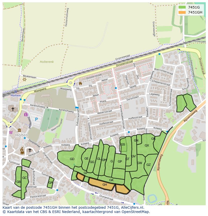 Afbeelding van het postcodegebied 7451 GH op de kaart.