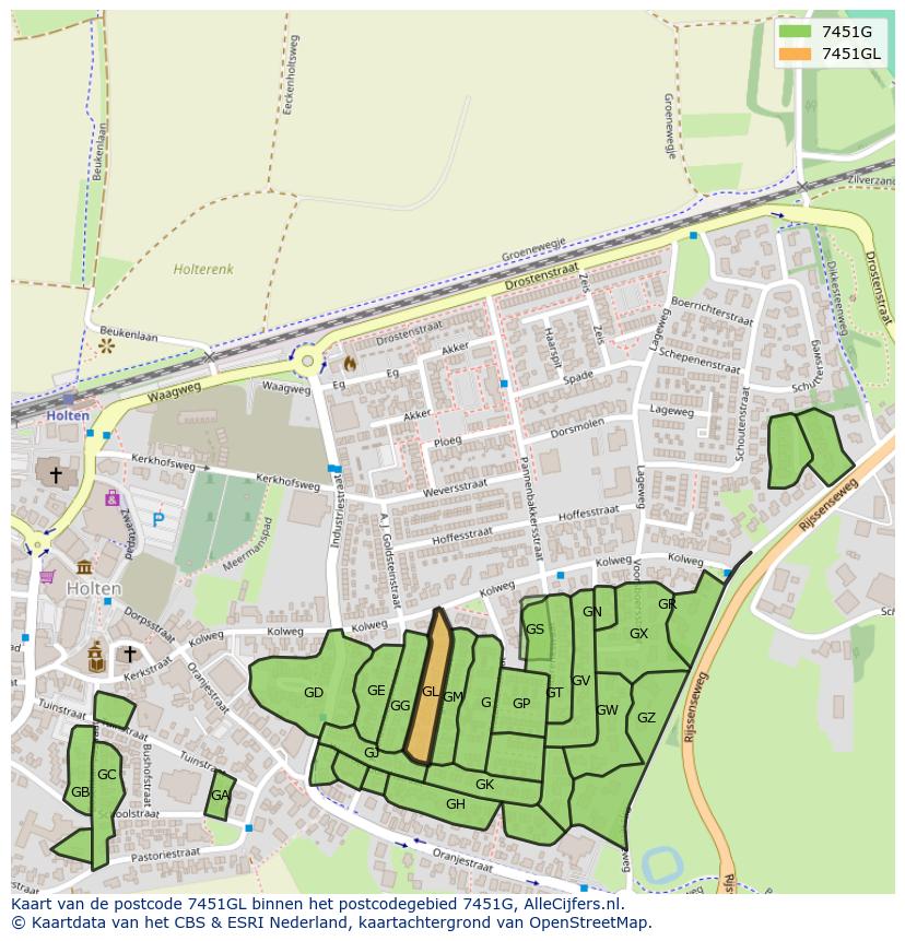 Afbeelding van het postcodegebied 7451 GL op de kaart.