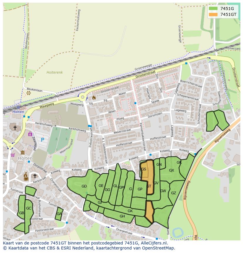 Afbeelding van het postcodegebied 7451 GT op de kaart.