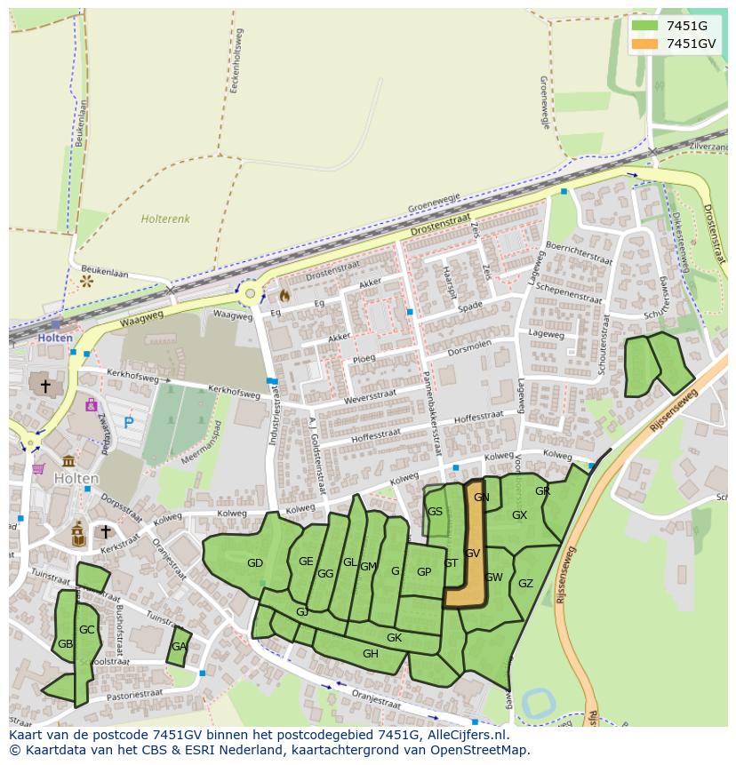 Afbeelding van het postcodegebied 7451 GV op de kaart.