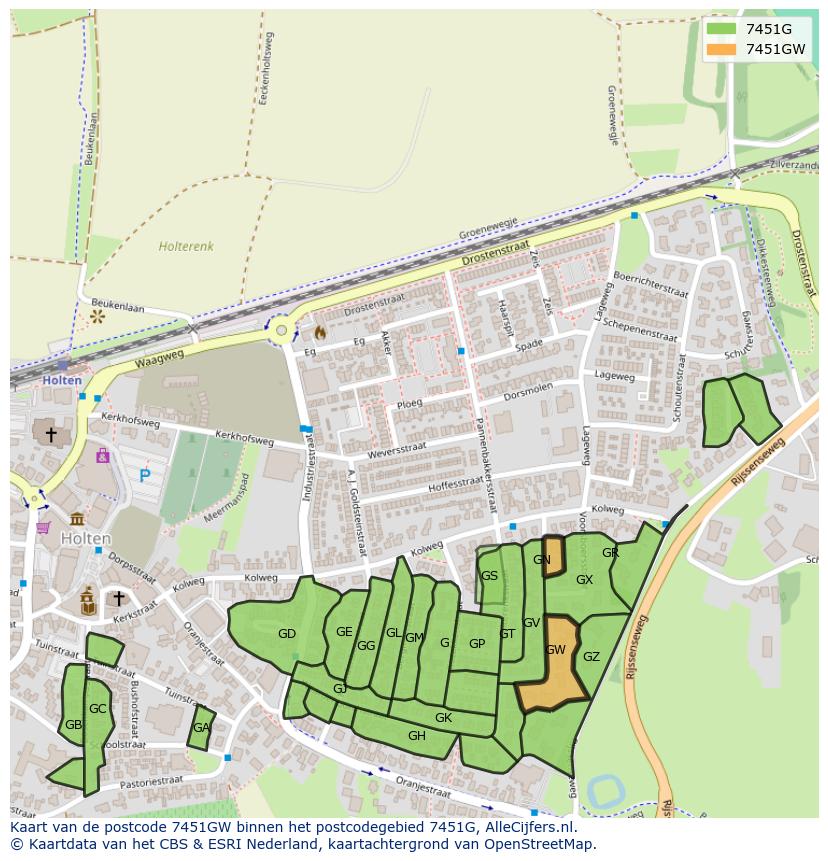 Afbeelding van het postcodegebied 7451 GW op de kaart.