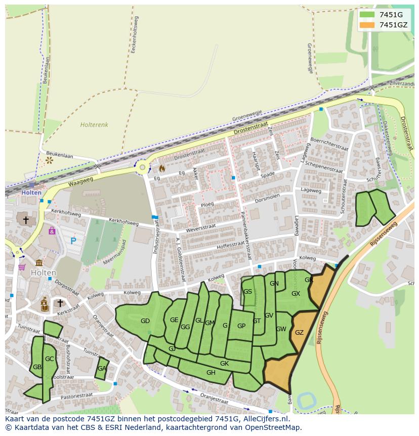 Afbeelding van het postcodegebied 7451 GZ op de kaart.