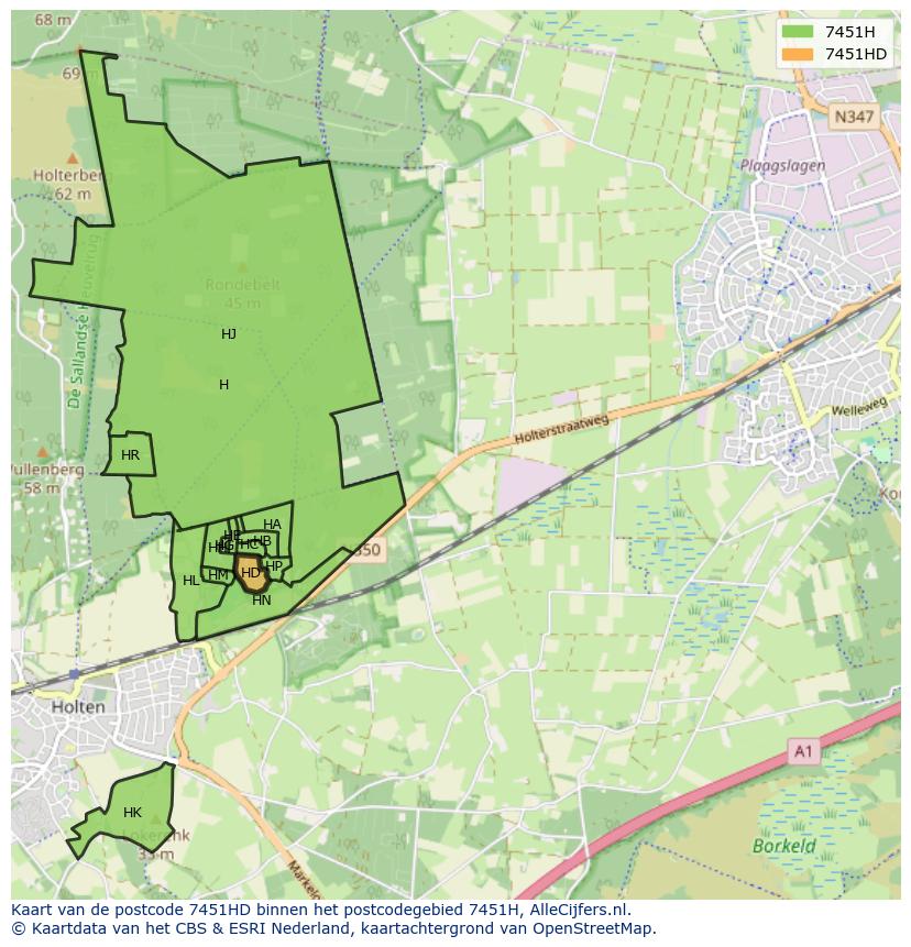 Afbeelding van het postcodegebied 7451 HD op de kaart.