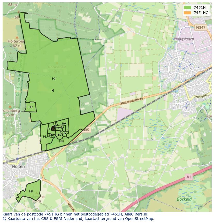 Afbeelding van het postcodegebied 7451 HG op de kaart.