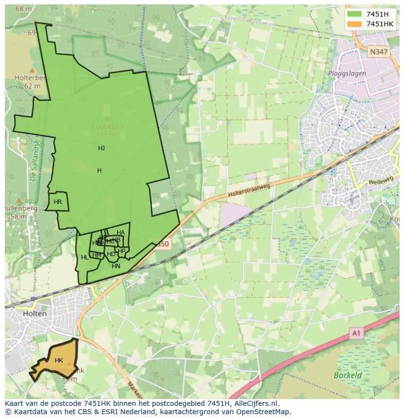 Afbeelding van het postcodegebied 7451 HK op de kaart.
