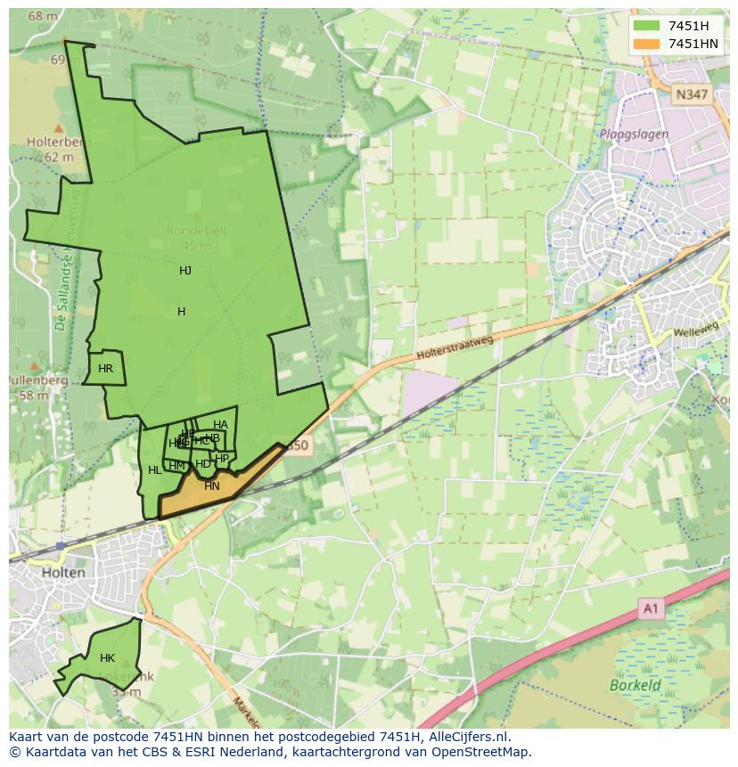 Afbeelding van het postcodegebied 7451 HN op de kaart.