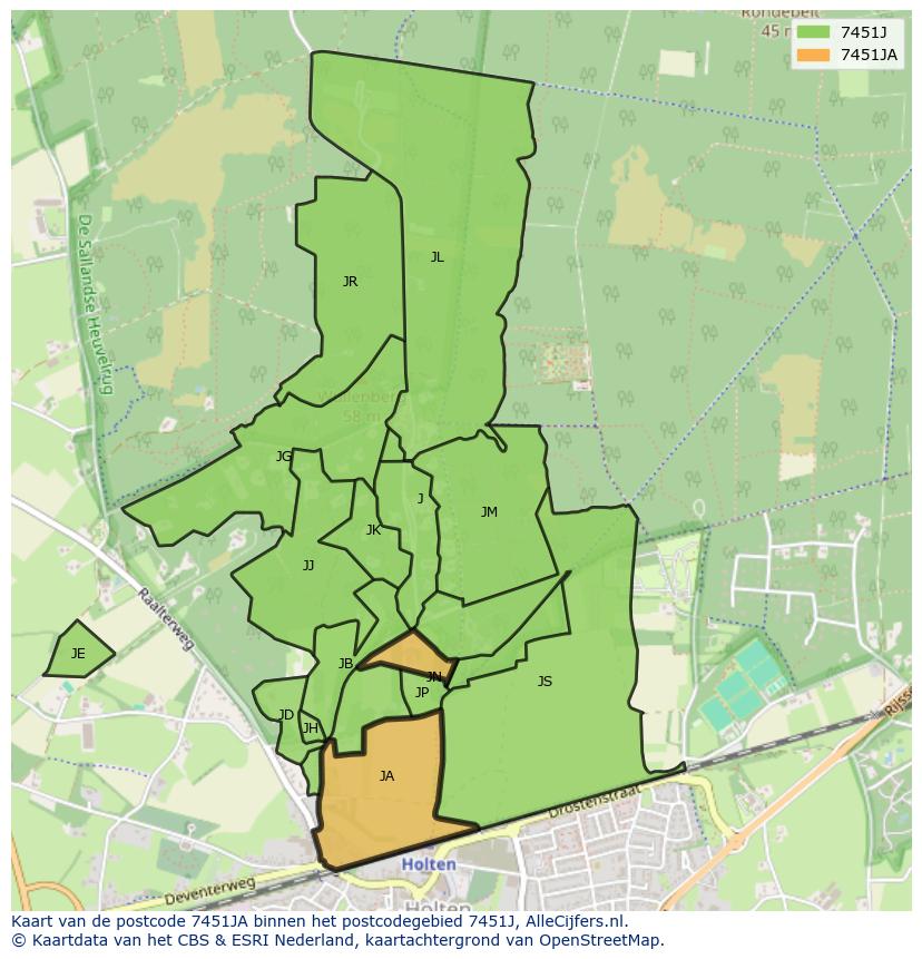 Afbeelding van het postcodegebied 7451 JA op de kaart.