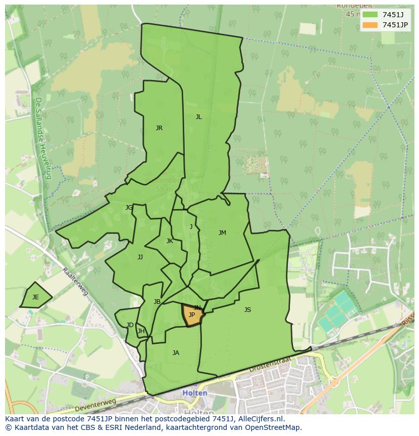 Afbeelding van het postcodegebied 7451 JP op de kaart.