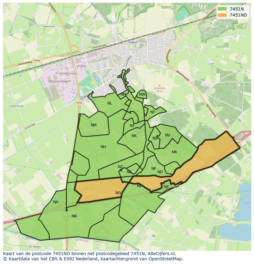 Afbeelding van het postcodegebied 7451 ND op de kaart.