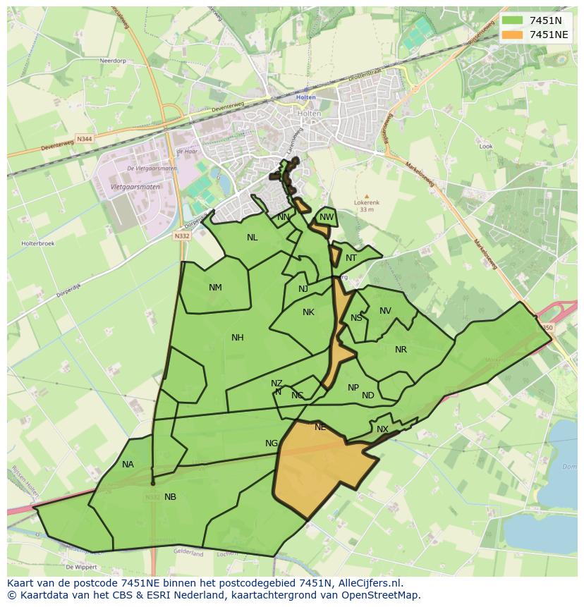 Afbeelding van het postcodegebied 7451 NE op de kaart.