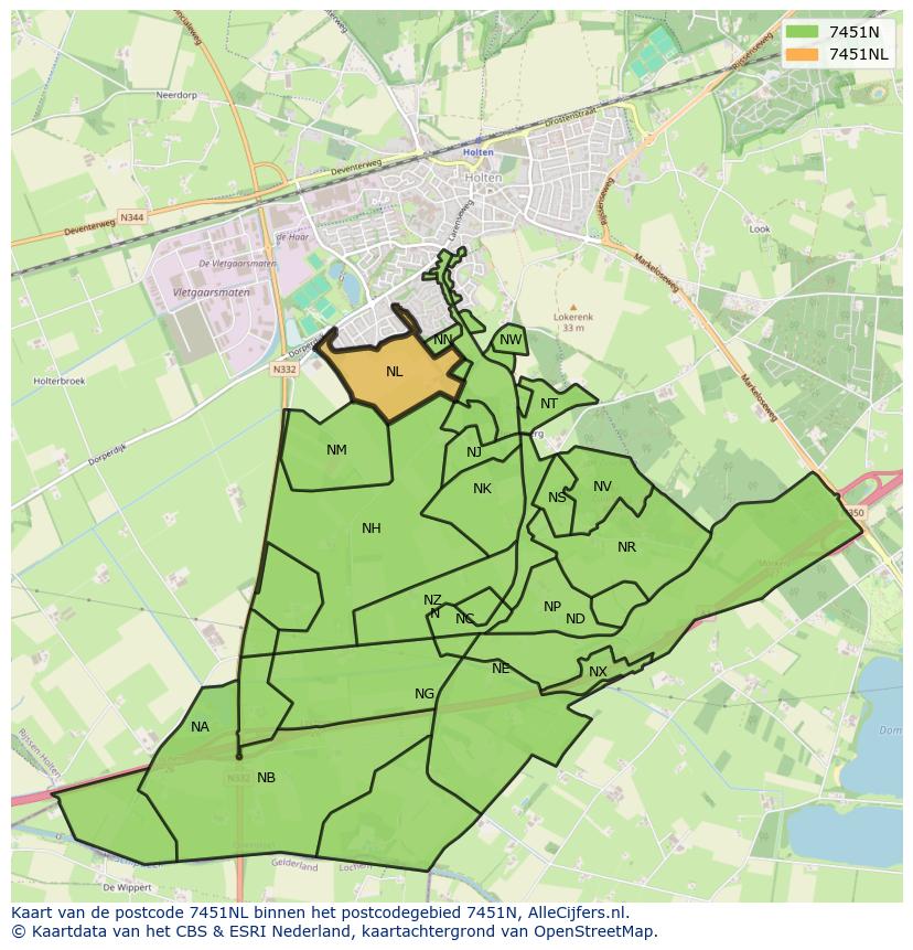 Afbeelding van het postcodegebied 7451 NL op de kaart.