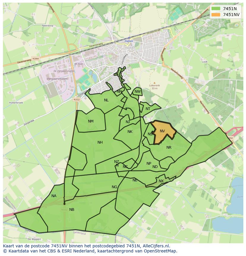 Afbeelding van het postcodegebied 7451 NV op de kaart.