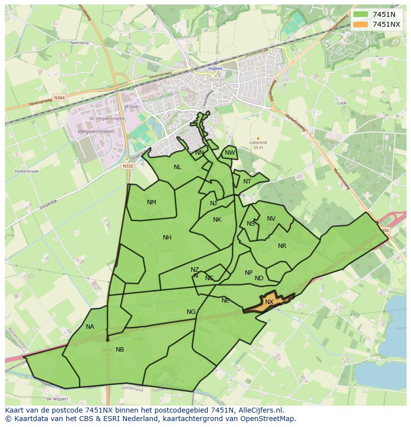 Afbeelding van het postcodegebied 7451 NX op de kaart.
