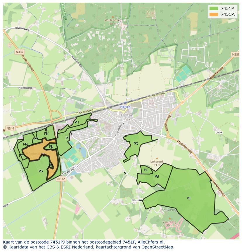 Afbeelding van het postcodegebied 7451 PJ op de kaart.