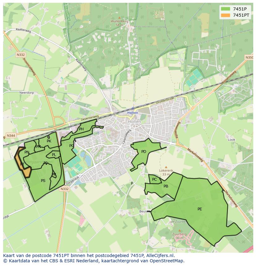 Afbeelding van het postcodegebied 7451 PT op de kaart.