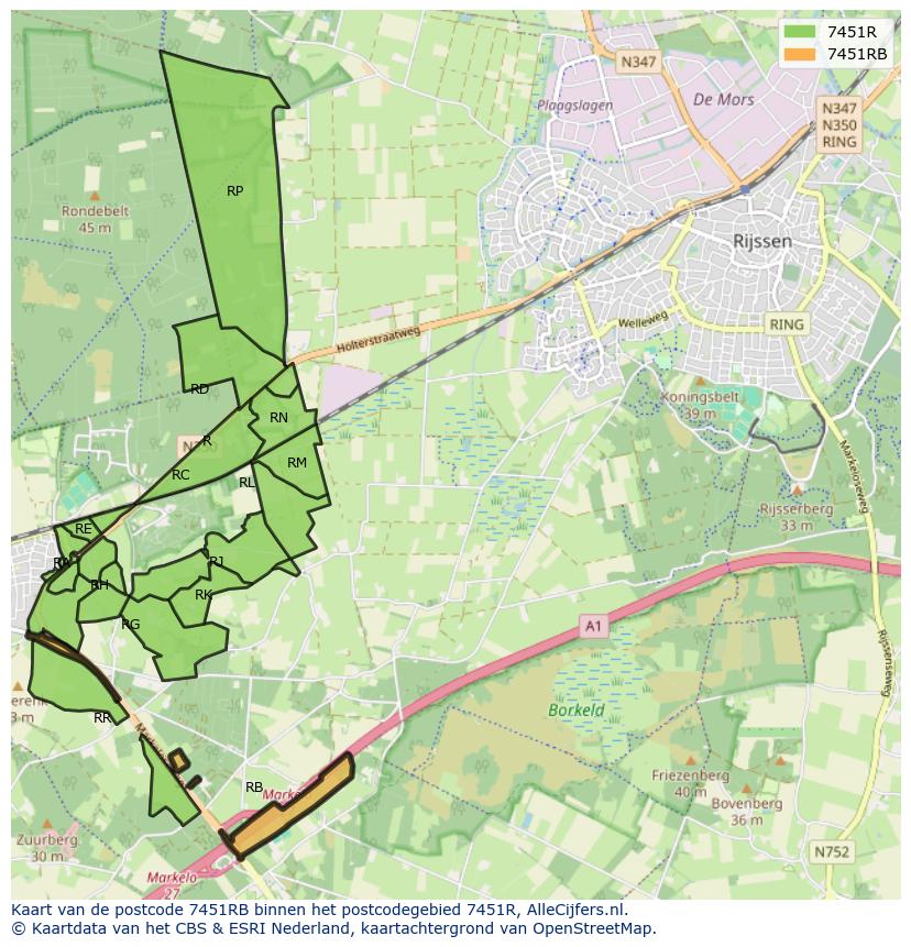 Afbeelding van het postcodegebied 7451 RB op de kaart.