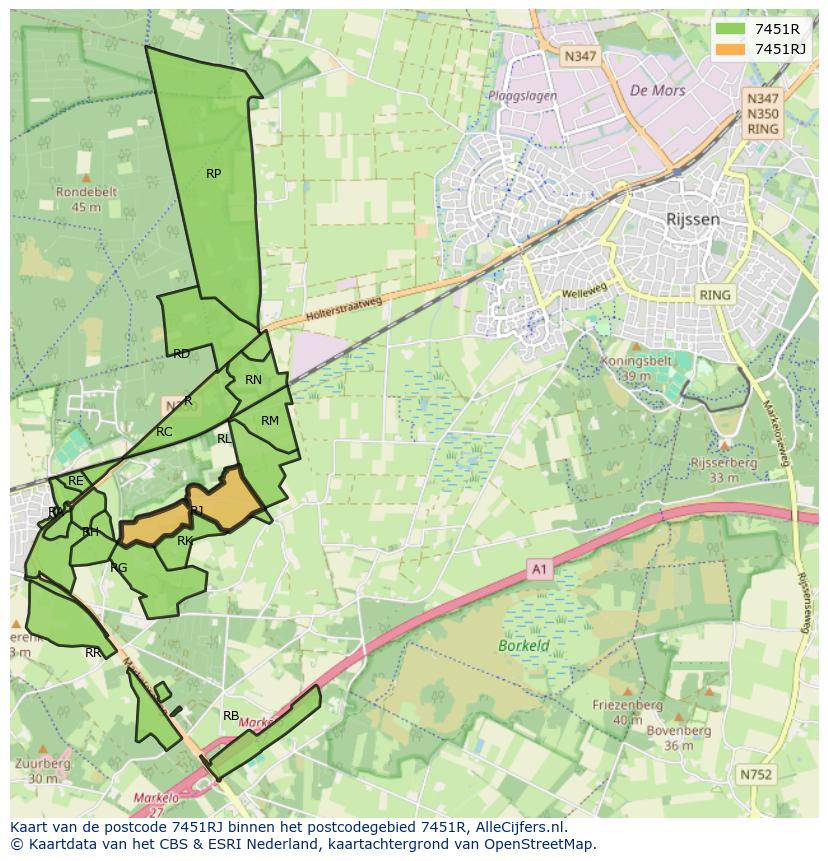 Afbeelding van het postcodegebied 7451 RJ op de kaart.