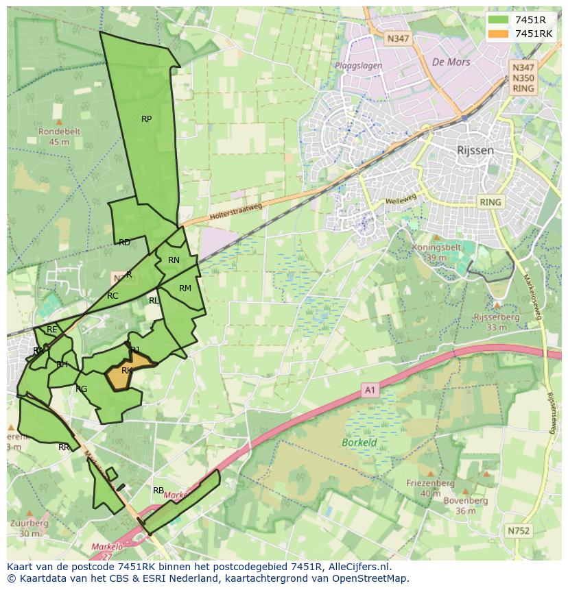 Afbeelding van het postcodegebied 7451 RK op de kaart.