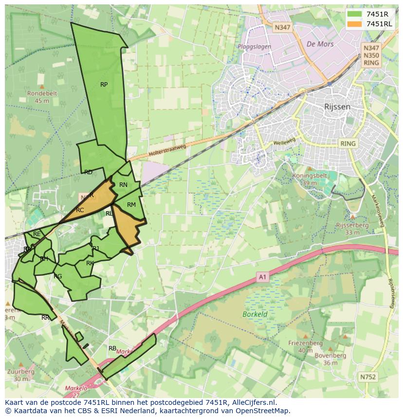 Afbeelding van het postcodegebied 7451 RL op de kaart.