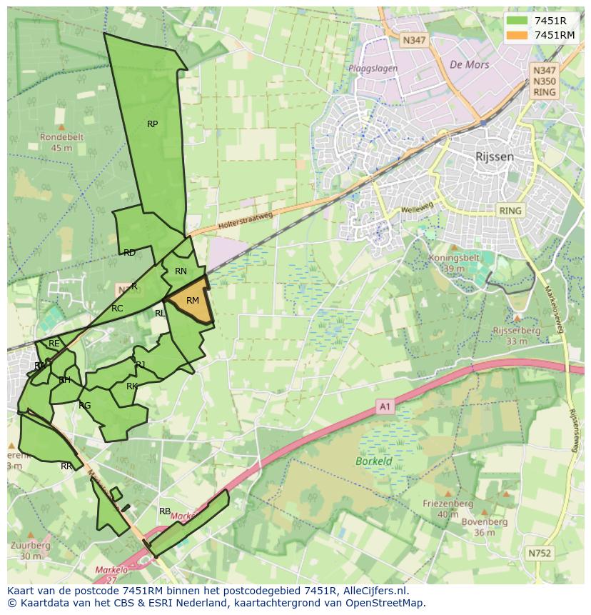 Afbeelding van het postcodegebied 7451 RM op de kaart.
