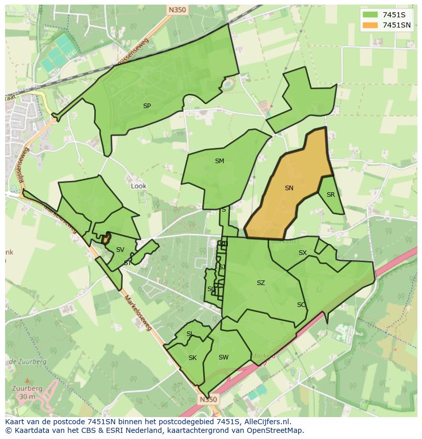 Afbeelding van het postcodegebied 7451 SN op de kaart.