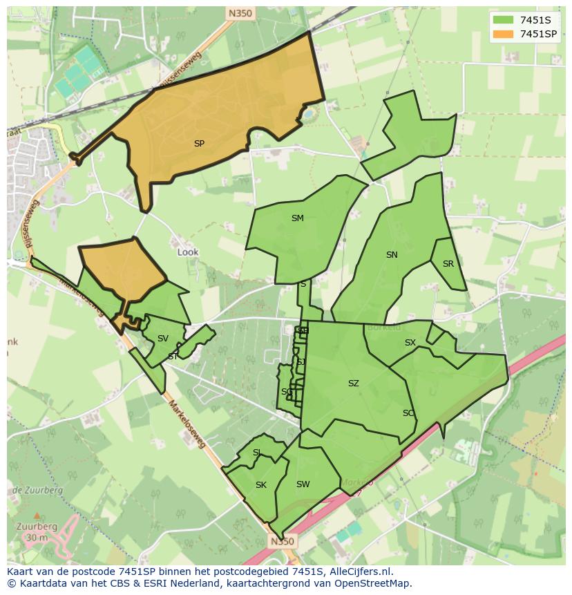 Afbeelding van het postcodegebied 7451 SP op de kaart.