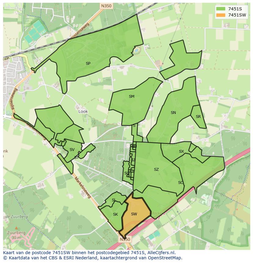 Afbeelding van het postcodegebied 7451 SW op de kaart.