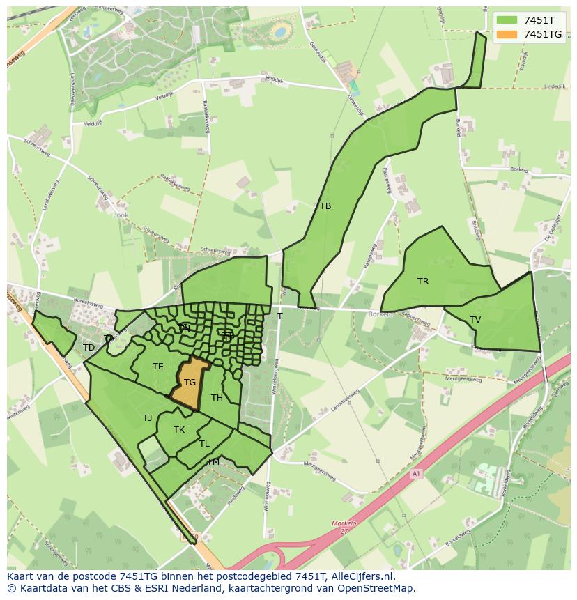 Afbeelding van het postcodegebied 7451 TG op de kaart.
