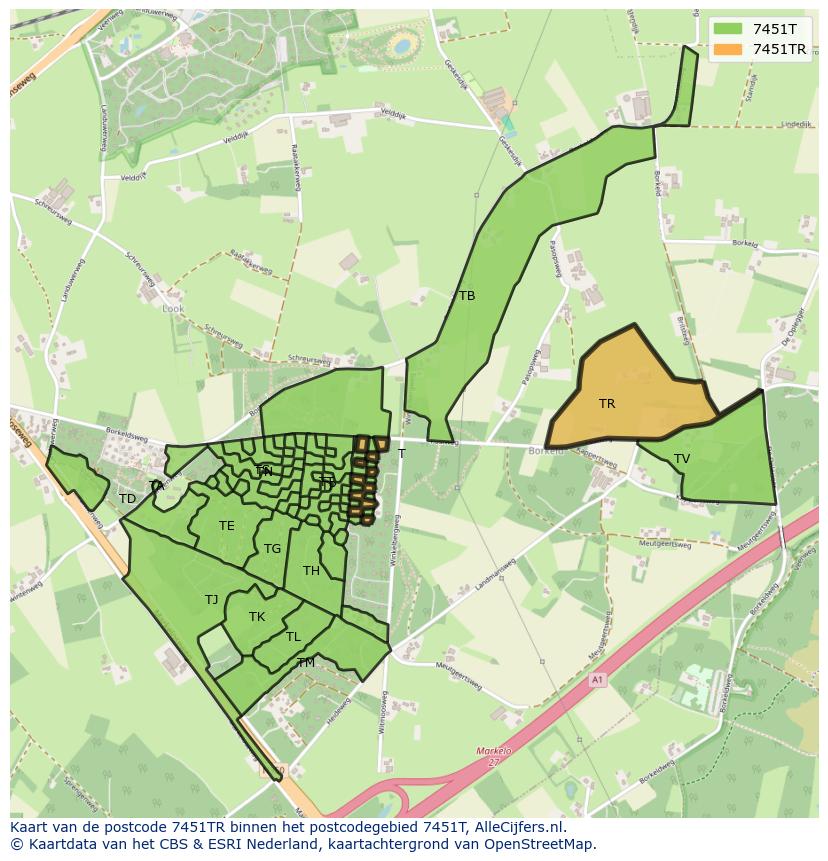 Afbeelding van het postcodegebied 7451 TR op de kaart.