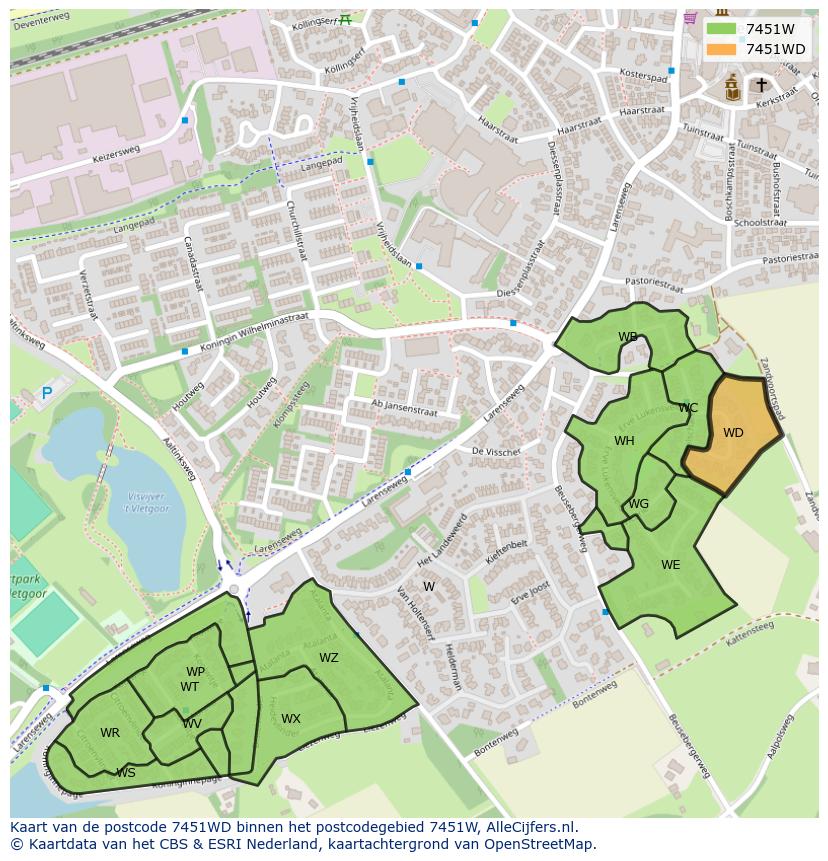 Afbeelding van het postcodegebied 7451 WD op de kaart.