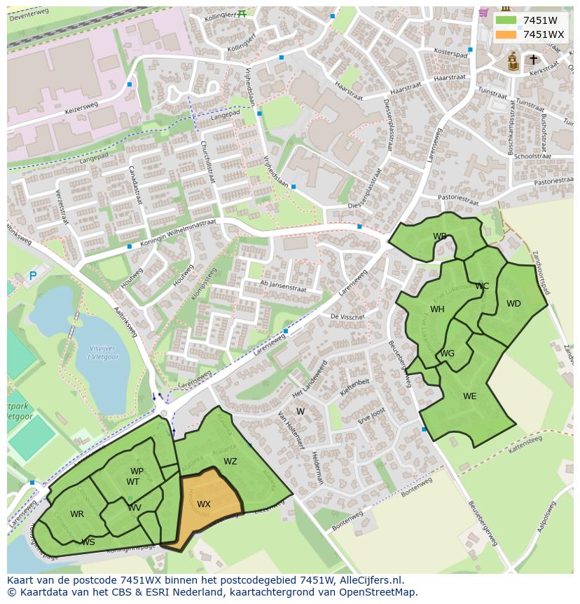 Afbeelding van het postcodegebied 7451 WX op de kaart.