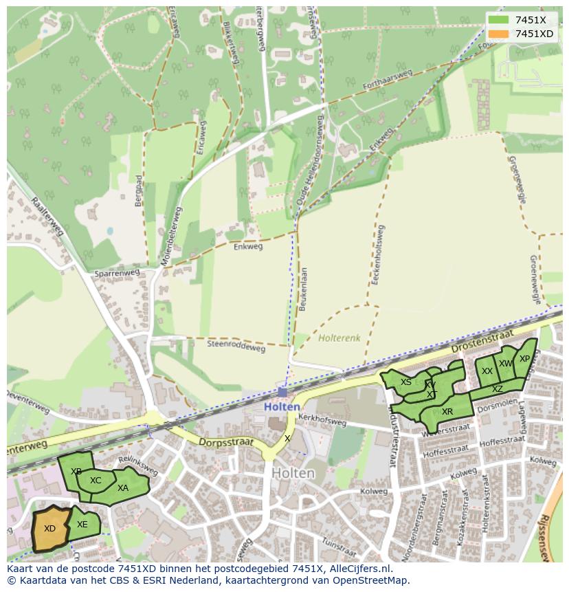 Afbeelding van het postcodegebied 7451 XD op de kaart.