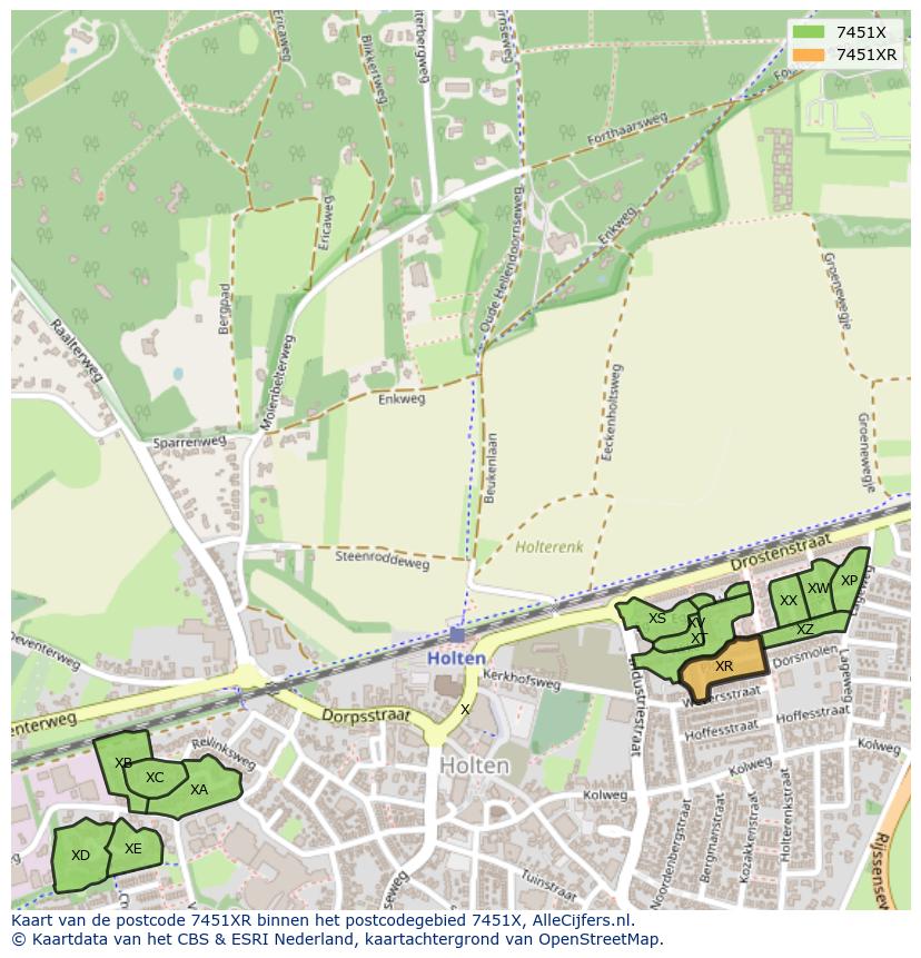 Afbeelding van het postcodegebied 7451 XR op de kaart.