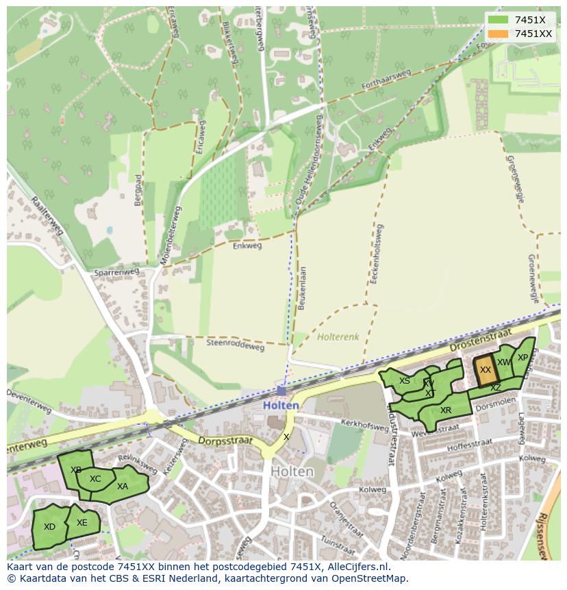 Afbeelding van het postcodegebied 7451 XX op de kaart.