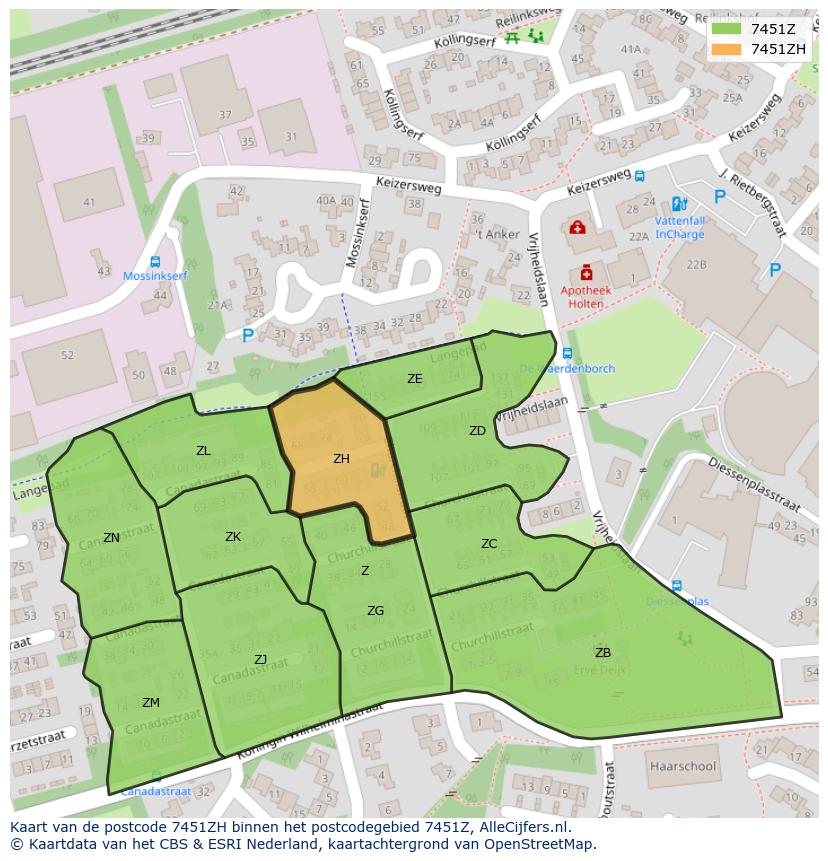 Afbeelding van het postcodegebied 7451 ZH op de kaart.
